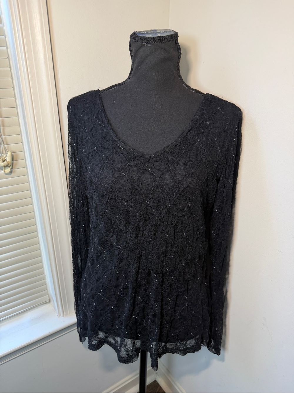 Elementz Black Lace Metallic Knit Tunic Top Women’s Large Made in USA